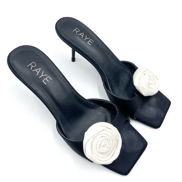 Raye Rosette Mules Black White Sandals Kitten Heels Square Toe Floral Sz 6.5 - Picture 5 of 10